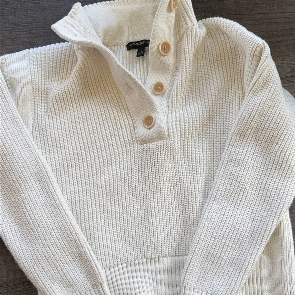 Banana Republic Cream Ribbed Button-Up Mock Neck Sweater